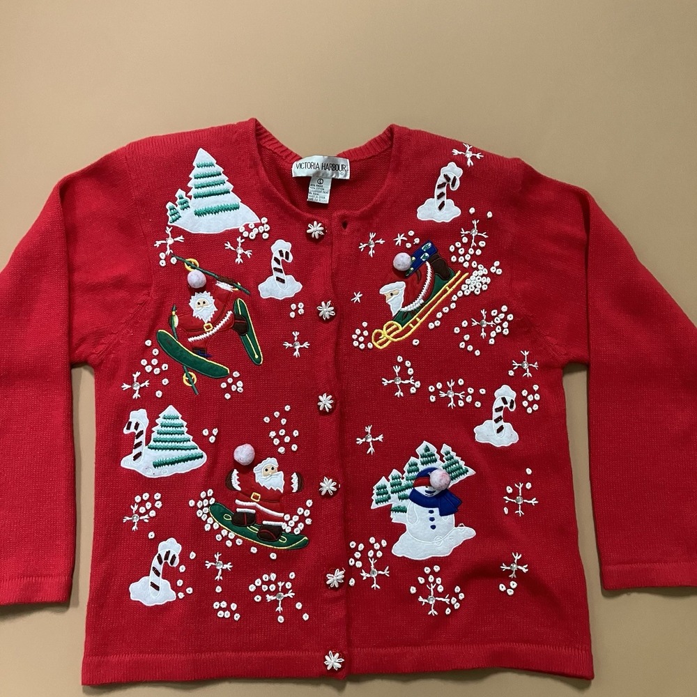 VTG Victoria Harbour Cardigan Sweater Large Red Christmas Santa Ski Sled Snow